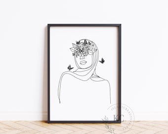 Islamischer Digitaldruck - Minimalistische Linie Kunst der Hijabi Frau | Elegante muslimische Wandkunst | Moderne Hijab Illustration | Sofort Download