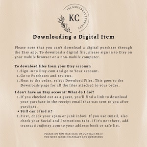 May include: A beige background with black text explaining how to download a digital item purchased from Etsy. The text includes instructions for downloading files from an Etsy account and for downloading files as a guest. The text also includes a note that you can't download a digital purchase through the Etsy app.