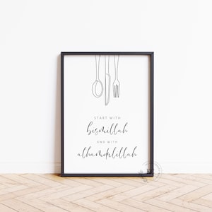 Begin met Bismillah, eindig met Alhamdulillah Islamitische digitale print | Muurkunst moslim keuken | Bestekillustratie | Direct downloaden