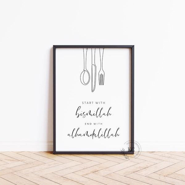 Start With Bismillah | End With Alhamdulillah | Islam Beautiful Quote | Kitchen Wall Art | Muslim Home Decor | Dining Room Poster | Download