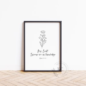 Puede incluir: Impresión de arte imprimible en blanco y negro con una ilustración floral y el texto "¡Señor mío! Auméntame en conocimiento. Corán 20:114."