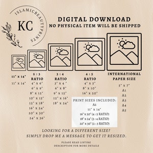 May include: Digital download graphic design print sizes chart with a mountain landscape design. The chart shows different aspect ratios and corresponding print sizes in inches. The chart also includes international paper sizes in millimeters. The text "DIGITAL DOWNLOAD" and "NO PHYSICAL ITEM WILL BE SHIPPED" is at the top of the chart.