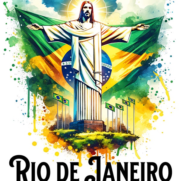 Christ the Redeemer Statue Print Rio de Janeiro Printable Art Digital Download Brazilian Flag Catholic Religious Gifts