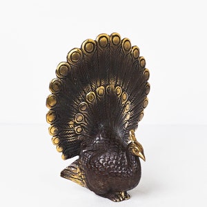 May include: A dark bronze-toned metal peacock figurine featuring a fanned tail with circular eye-like patterns. The bird has a textured body, a small head with a pointed beak, and a crest, with polished gold-colored highlights on the tail edges.