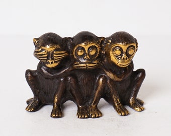 Bronze Three Wise Monkeys Statue, 2.5" Animal Figurine, Spiritual, Miniature, Handmade, House Decor, Family Decoration, Gift for Twin