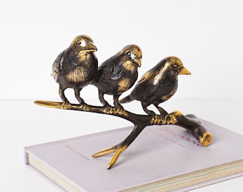 Bronze Birds on a Branch Statue, 7.5 Inch Length, Bird Figurine, Love Bird, Brass, Handmade, Ornament, Nursery Decor, Gift for Her