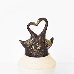 Bronze Couple Swan, 3.8&quot; Animal Figurine, Art, Bird Statue, Brass, Unique Miniature, Handmade, Kitchen Decor, Couple Decor, Wedding Gift