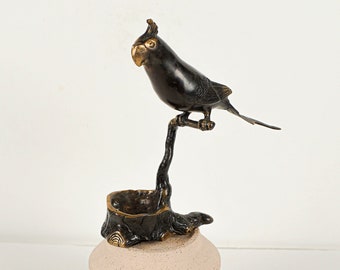 Bronze cockatoo on a Branch Statue, 6.4 Inch Length, Bird Figurine, Parrot Statue, Animal, Handmade, Ornament, Nursery Decor, Holiday Gift