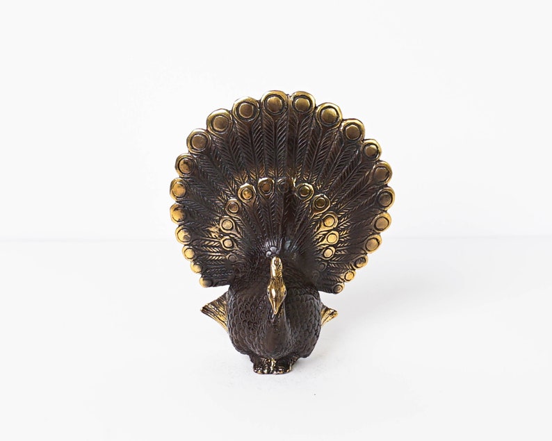 Bronze Peacock Figurine, 5.6 Inch Animal Statue, Brass Decor, Animal Ornament, Nursery Decor, Livingroom Decor, Gift for Her, Memorial Gift image 3