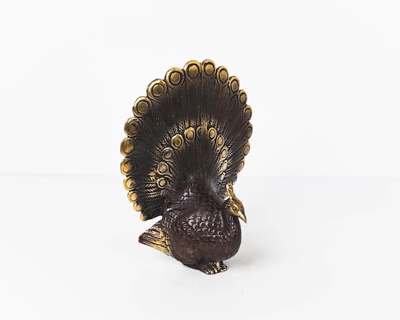 Bronze Peacock Figurine, 5.6"  Animal Statue, Brass Decor, Animal Ornament, Nursery Decor, Livingroom Decor, Gift for Her, Memorial Gift