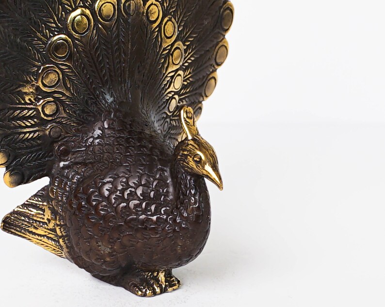 Bronze Peacock Figurine, 5.6 Inch Animal Statue, Brass Decor, Animal Ornament, Nursery Decor, Livingroom Decor, Gift for Her, Memorial Gift image 8