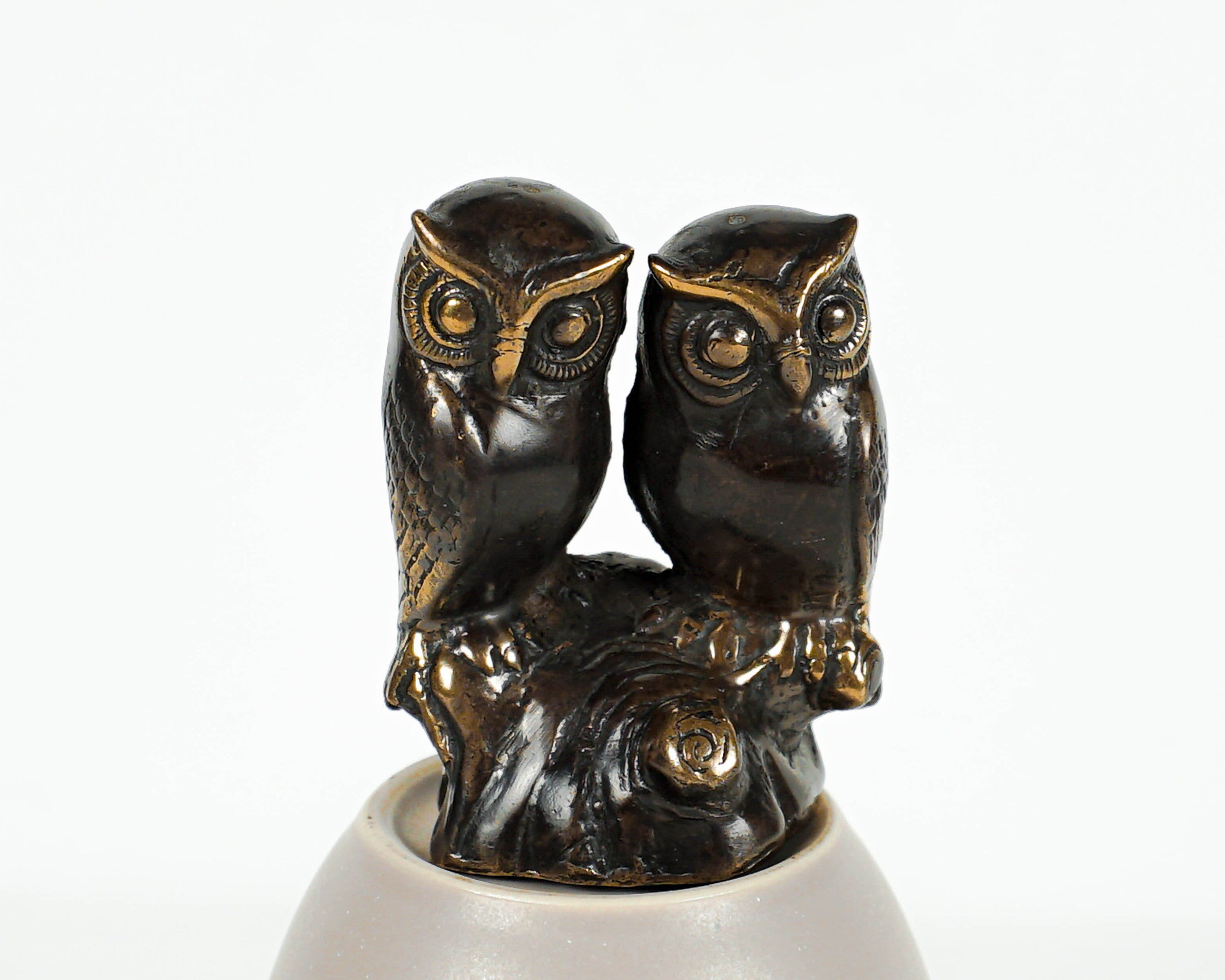 Bronze Owl Couple Statue, 3" Bird Figurine, Cute Animal, Artwork, Antique, Handmade, House, Nur
