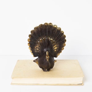 May include: A dark bronze-toned metal peacock figurine featuring a fanned tail with circular accents and a textured body. The bird is positioned on top of a rectangular, light-colored book with visible pages along the bottom edge of the cover.
