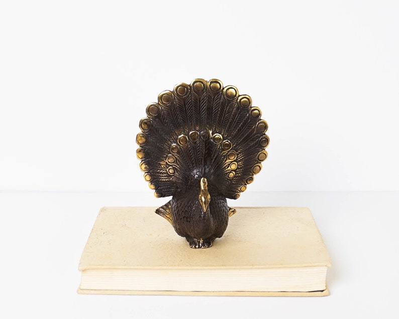 May include: A dark bronze-toned metal peacock figurine featuring a fanned tail with circular accents and a textured body. The bird is positioned on top of a rectangular, light-colored book with visible pages along the bottom edge of the cover.