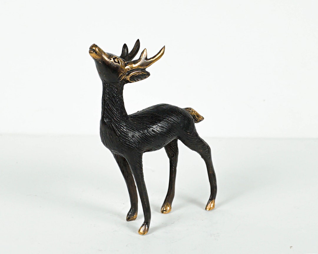 Bronze Deer Figurine, 5 Statue, Brass Decor, Animal Ornament, Antlers