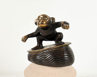 Bronze Surfing Monkey, 3.5" Animal Figurine, Art, Unique Miniature, Art, Handmade, Housewarming, Office Decor, Room Decor, Gift for Him