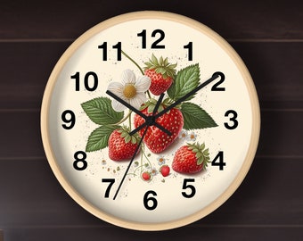 Strawberry Round Wall Clock - Add Sweetness to Your Kitchen Decor. 10 inch Wall Clock, Kitchen Gift, Kitchen Decoration, Interior Design.