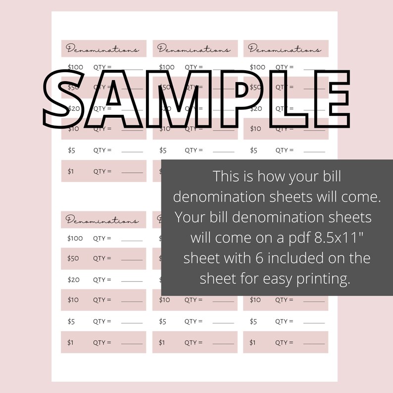 Bill Denomination Cash Breakdown Sheet for Bank Teller DIGITAL DOWNLOAD