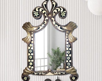 Espejo bereber hecho a mano – Marco con incrustaciones de hueso verde, decoración de pared marroquí