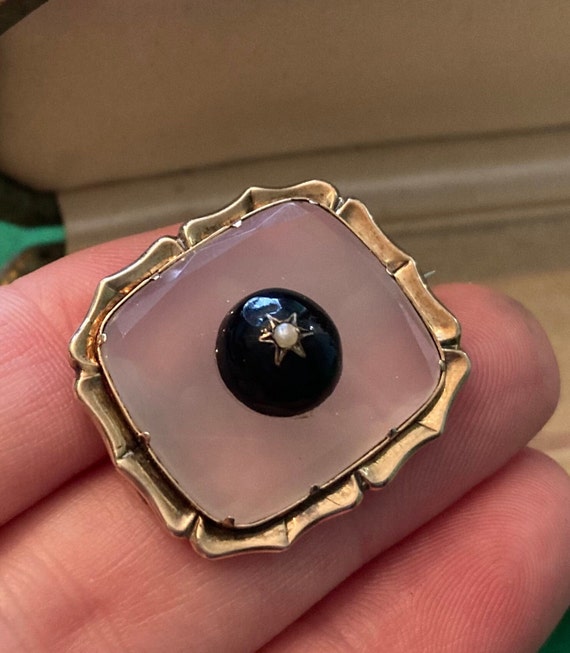 Victorian 14k Chalcedony Brooch with Black Onyx a… - image 2