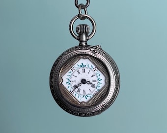 Reloj de bolsillo antiguo suizo de esmalte para mujer