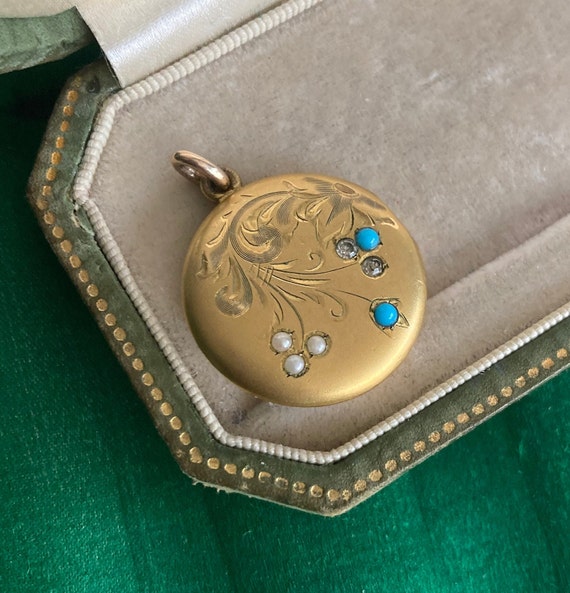 Antique Art Nouveau GF Locket with Turquoise and … - image 1