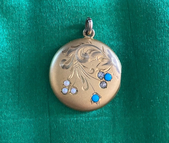 Antique Art Nouveau GF Locket with Turquoise and … - image 2