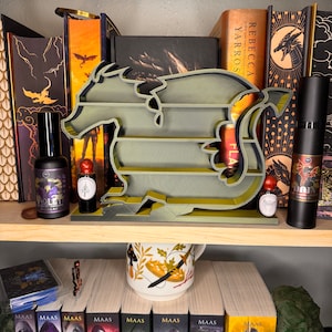 May include: A green dragon-shaped bookshelf with four shelves. The bookshelf is on a wooden shelf with a variety of books, a mug, and bottles. The books include titles like "Tower of Dawn" and "Queen of Shadows".