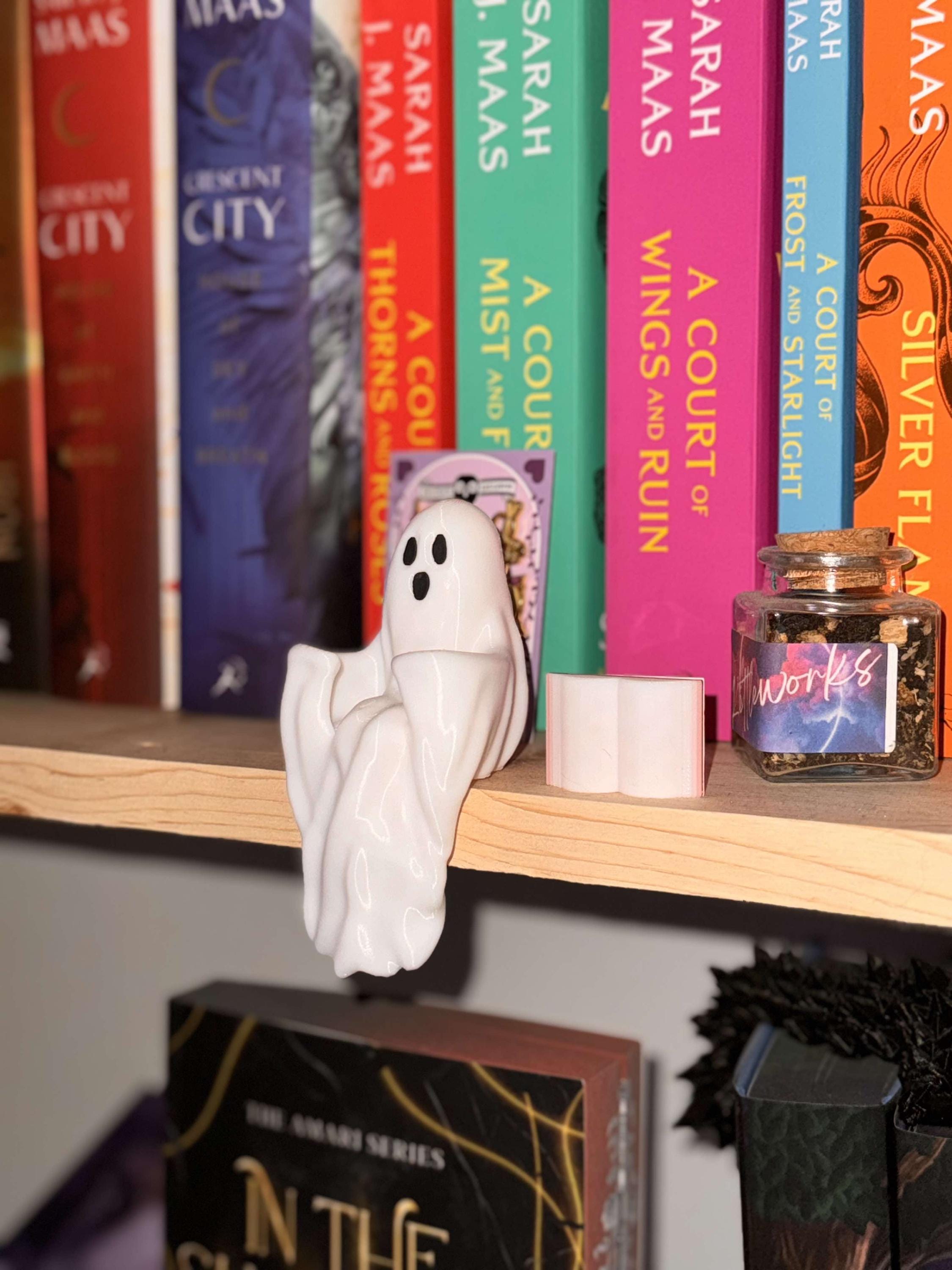 IT GLOWS Cute Reading Ghost Shelf Candy Decor, Halloween Decor, Miniature Books