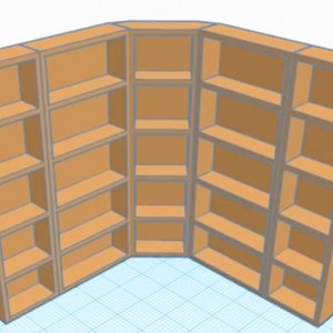 May include: A corner bookshelf with multiple shelves, made of wood in a light brown color. The shelves are empty.