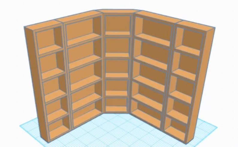 May include: A corner bookshelf with multiple shelves, made of wood in a light brown color. The shelves are empty.