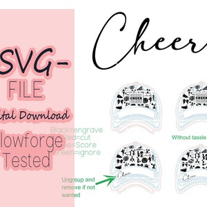 May include: A digital download SVG file of a cheerleading hat design. The hat is white with black cheerleading-themed graphics and the word "CHEER" in black text. The design is available with and without a tassel hanger.