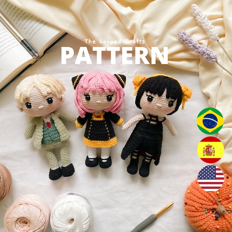 May include: Crochet amigurumi pattern for three characters: a boy with blonde hair, a girl with pink hair, and a girl with black hair. The pattern is titled "The Looped Crafts PATTERN".