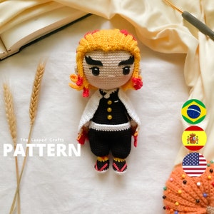May include: Crochet pattern for a character with yellow hair, a black and white outfit, and red accents. The pattern is called "The Looped Crafts PATTERN".