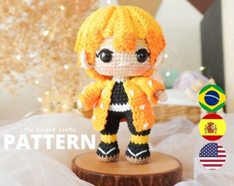 May include: Crochet pattern for a yellow and black anime character with a white and black outfit. The character is standing on a wooden base. The text "The Looped Crafts PATTERN" is visible at the bottom of the image.
