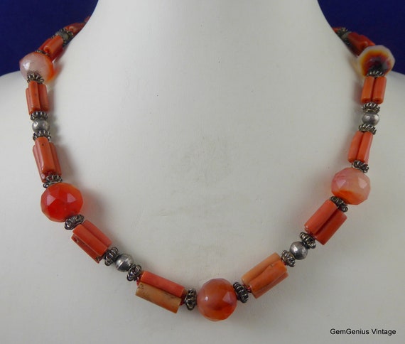 Collier Vintage En Pierres Naturelles - Agate Cornaline Et Corail - Occasion