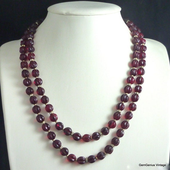 Ruby Melon Bead and Rhinestone Necklace - image 1