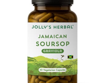May include: A brown glass bottle of Jolly's Herbal Jamaican Soursop capsules. The label features the text "Jamaican Soursop" and "Graviola" with a green and white design. The bottle contains 60 vegetarian capsules.