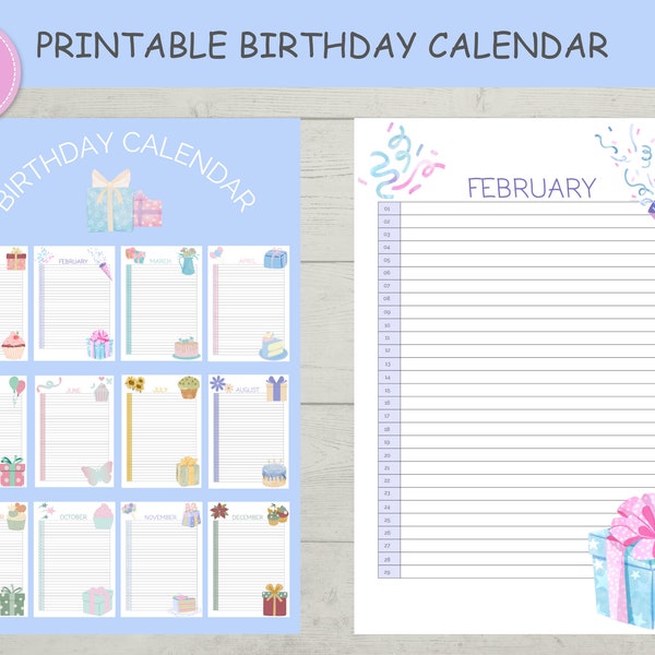 Printable Birthday Calendar pdf, Event Calendar, Reuseable Calendar, template birthday calendar, birthday tracker, birthday reminder