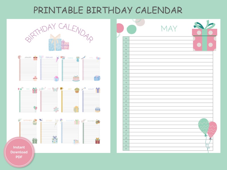 Printable Birthday Calendar Pdf Event Calendar Reuseable Etsy