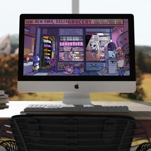 Op de afbeelding: Een computerscherm dat een cartoonillustratie toont van een New Yorkse delicatessenwinkel met een bord waarop staat "1264 New York Deli & Grocery" en "Cold Cuts - Frozen Food - Fresh Beats - Beer - Soda". De winkel is roze en paars met een verscheidenheid aan artikelen in de schappen. Er zijn verschillende cartoondieren in de scène, waaronder een hond, een kat en een konijn.