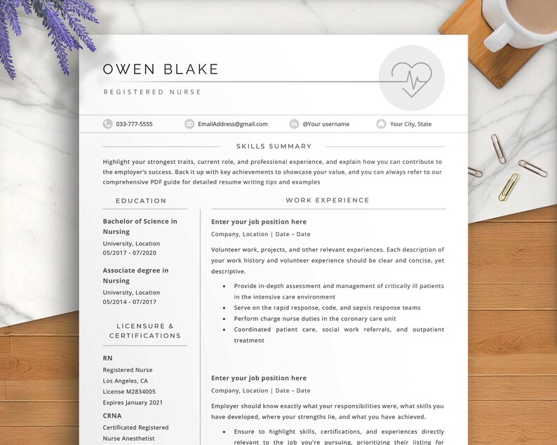 Modern nursing resume template for RNs, doctors, and healthcare professionals. 
Editable in Word & Google Docs, 1-3 page formats (A4 & US Letter).Includes cover letter, references, 50+ icons, resume & editing guides, 
interview tips,video tutorials