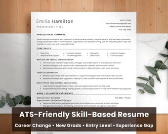 Functional Resume Template for Career Change | ATS Combination Resume | Skill-Based Resume for New Grads, Entry Level & First Job