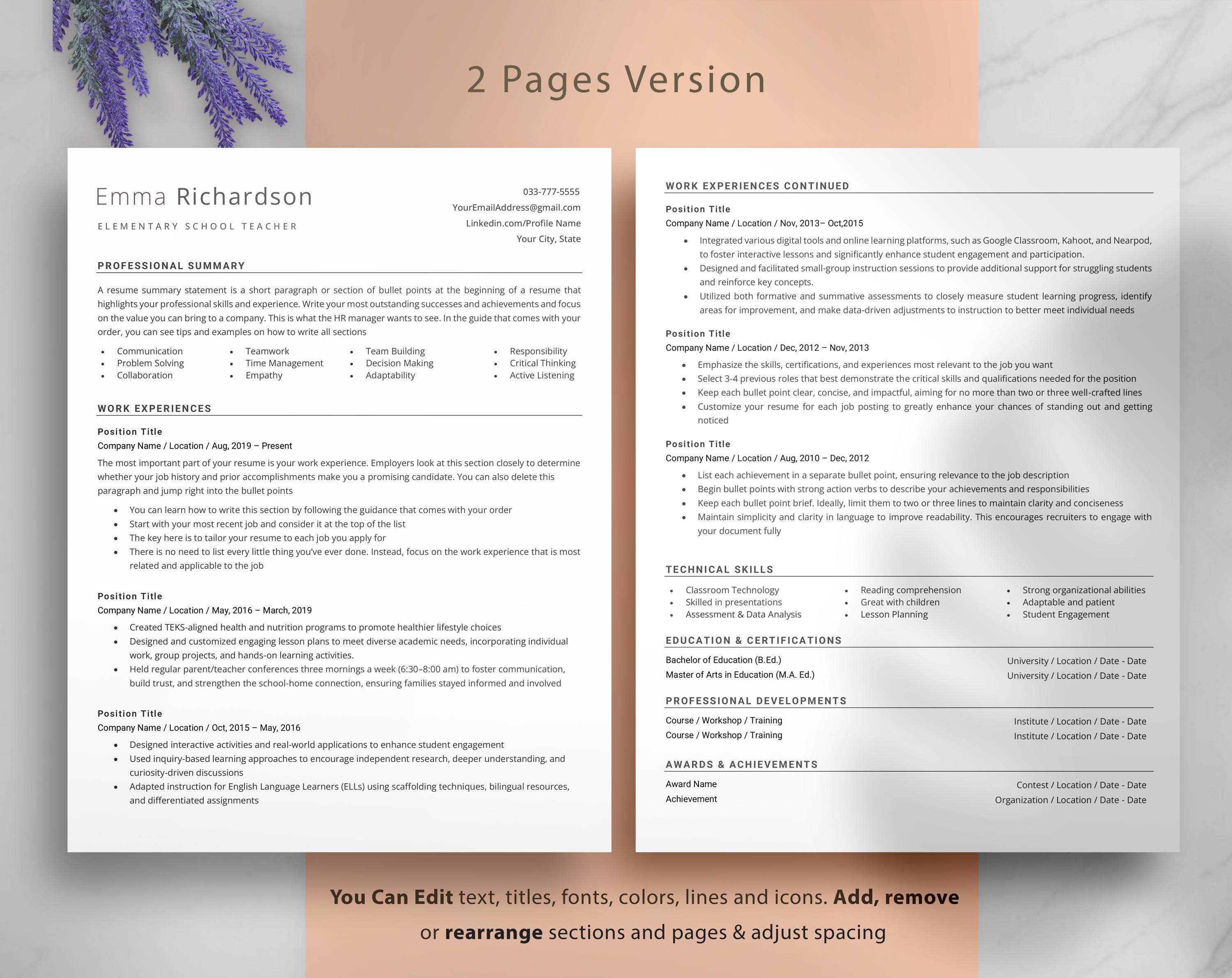 Ats-compliant Teacher Resume Template | Editable Teaching CV for ...