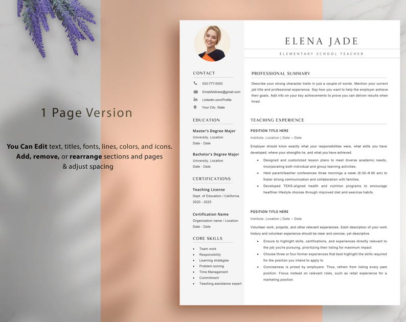 Teacher Resume Template Google Docs and MS Word | Elementary High ...