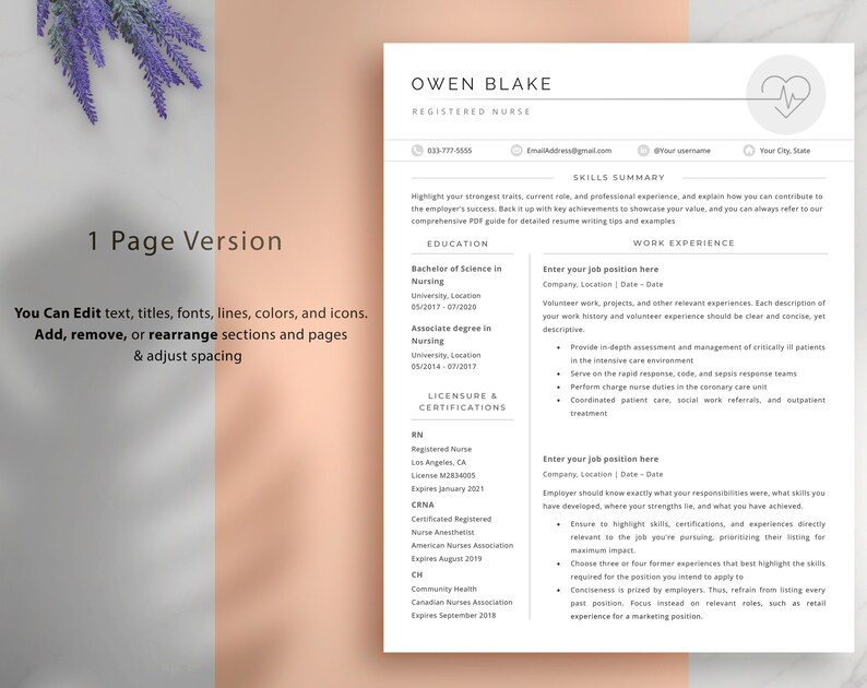 Modern nursing resume template for RNs, doctors, and healthcare professionals. 
Editable in Word & Google Docs, 1-3 page formats (A4 & US Letter).Includes cover letter, references, 50+ icons, resume & editing guides, 
interview tips,video tutorials