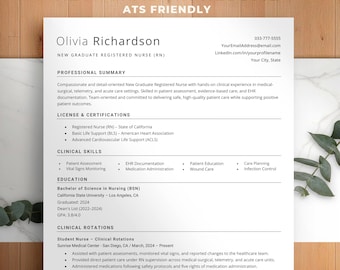 New Graduate RN Resume Template, ATS Friendly Nursing Resume, Registered Nurse Resume, Nurse Residency CV, Word & Google Docs