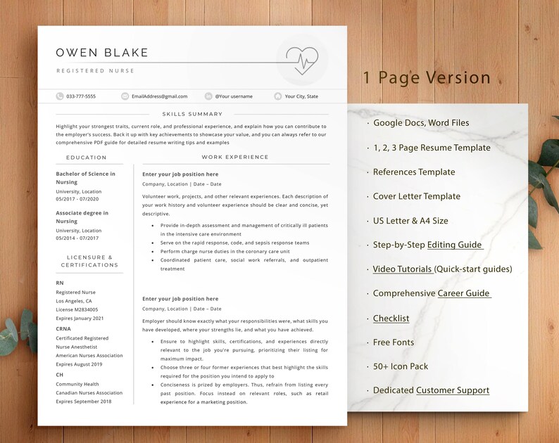 Modern nursing resume template for RNs, doctors, and healthcare professionals. 
Editable in Word & Google Docs, 1-3 page formats (A4 & US Letter).Includes cover letter, references, 50+ icons, resume & editing guides, 
interview tips,video tutorials