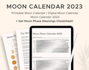 Calendario lunar 2023, Calendario de fases lunares imprimible, Calendario lunar digital