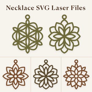 Op de afbeelding: De afbeelding toont vijf lasergesneden kettingontwerpen met bloemen- en geometrische patronen. Het kleurenpalet omvat groen- en bruintinten. De tekst bovenaan luidt "Necklace SVG Laser Files".